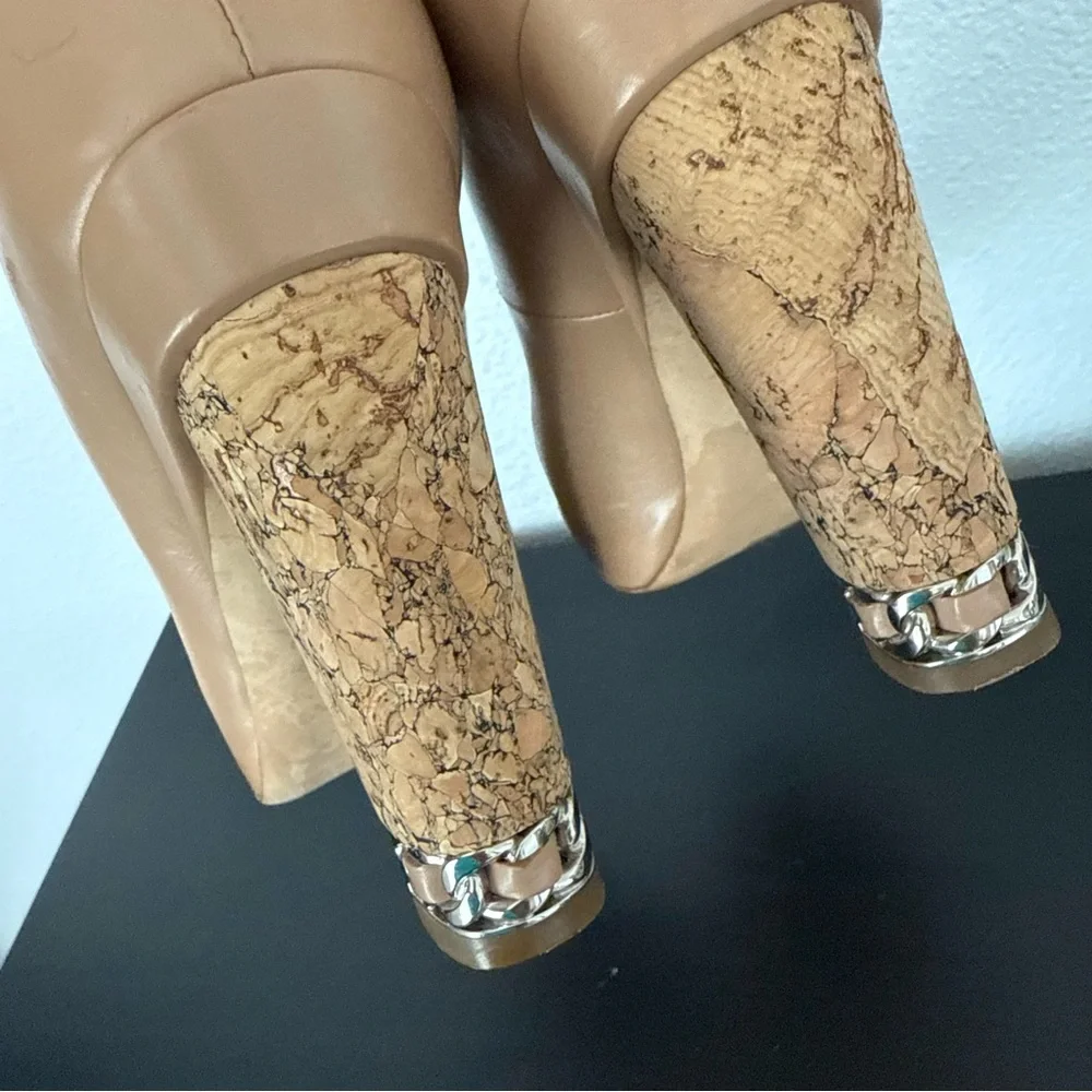 CHANEL Peep Toe Platform Cork Chain Interlocking CC Logo Pumps